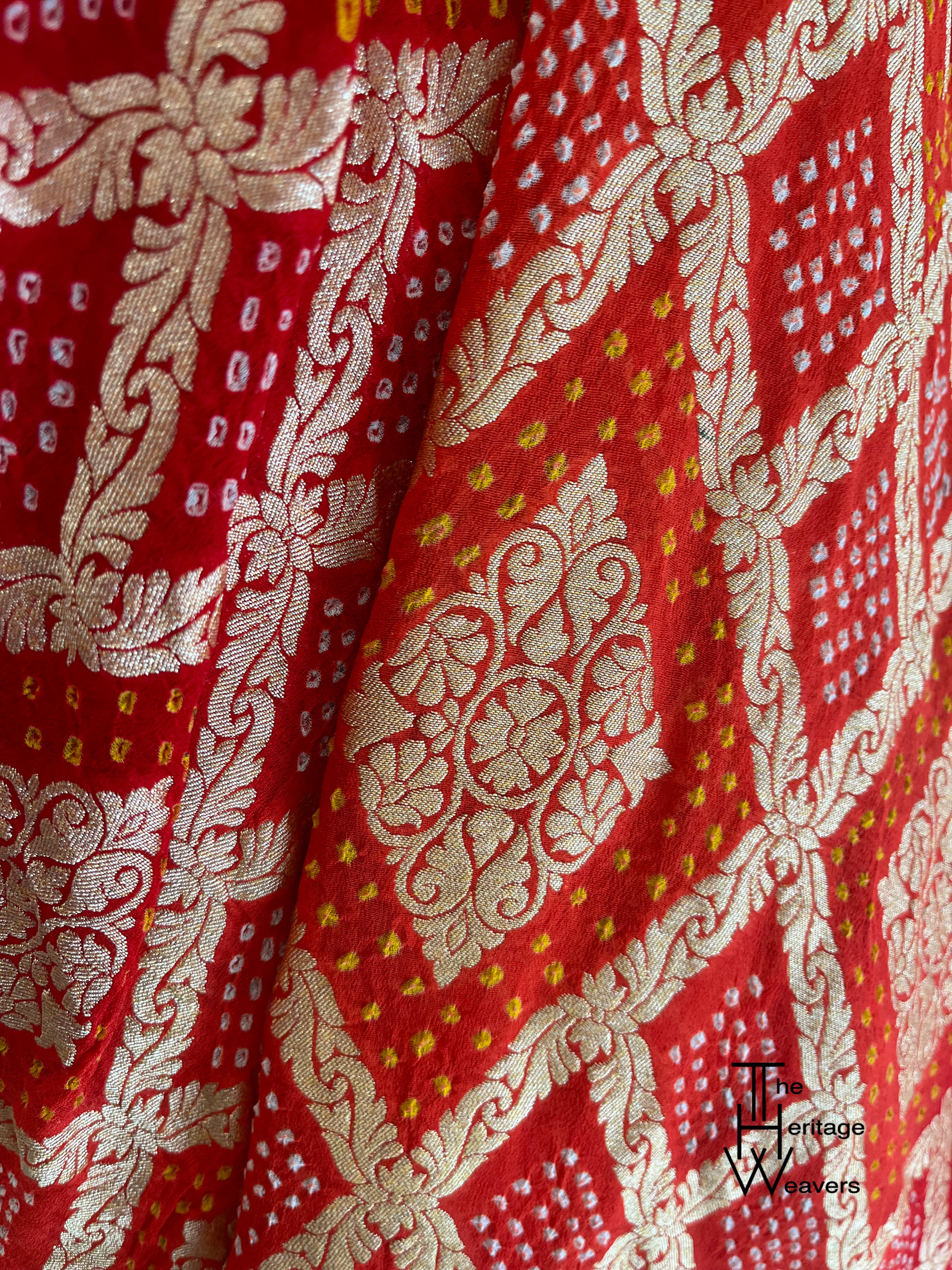 Pure Georgette Saree x Bandhej x Shade of Red and Orange