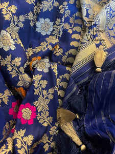 Pure Katan Silk x Dupatta x Banarasi x Floral x Blue